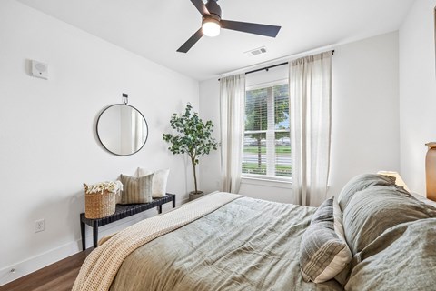 A bedroom with a bed, a plant, and a mirror on the wall.