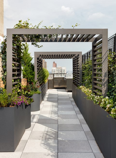 a pergola with a view of the city in the background