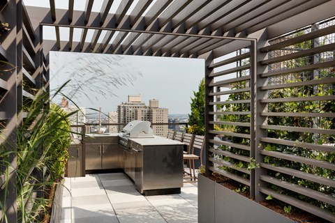 High Rise Apartments in Upper East Side NYC - Large Community Rooftop BBQ Ares with a Grill Station Surrounded by Lush Greenery and Gorgeous Views