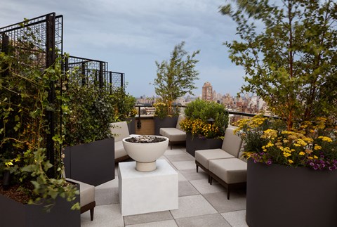 a roof terrace with chairs and plants and a fountain