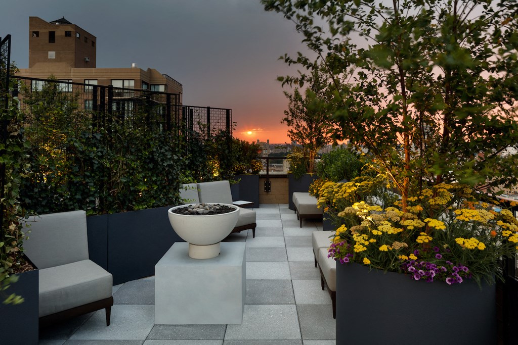 a roof terrace with chairs and flowers and a bowl of water on it