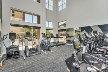 A gym with a variety of exercise equipment including treadmills, stationary bikes, and elliptical machines.