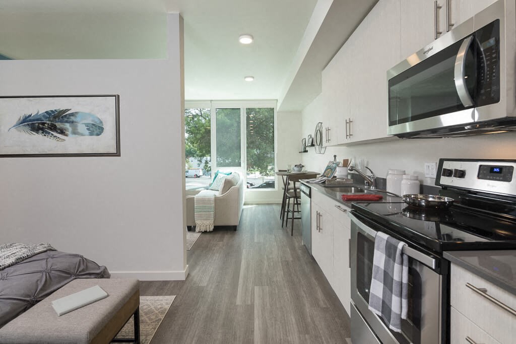 updated kitchen with stainless steel appliances