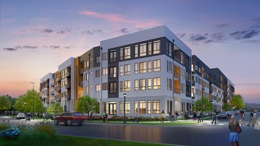Studios in Wheat Ridge CO - Parallel - Digital Rendering of Apartment Facade Surrounded by Trees