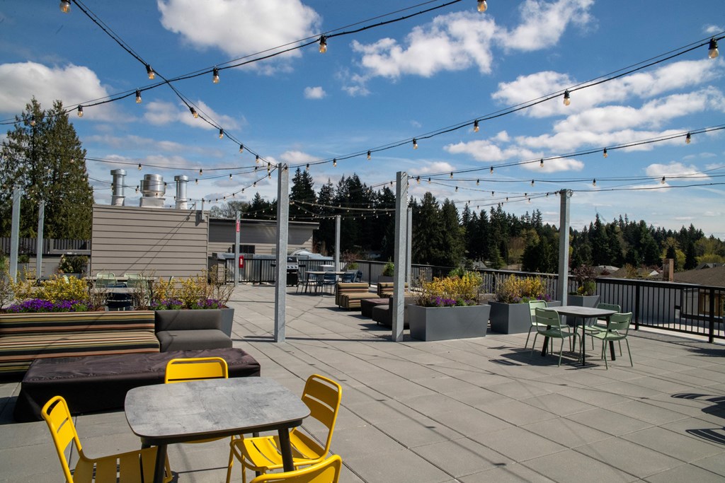 a rooftop patio with tables and chairs and lights on a sunny day