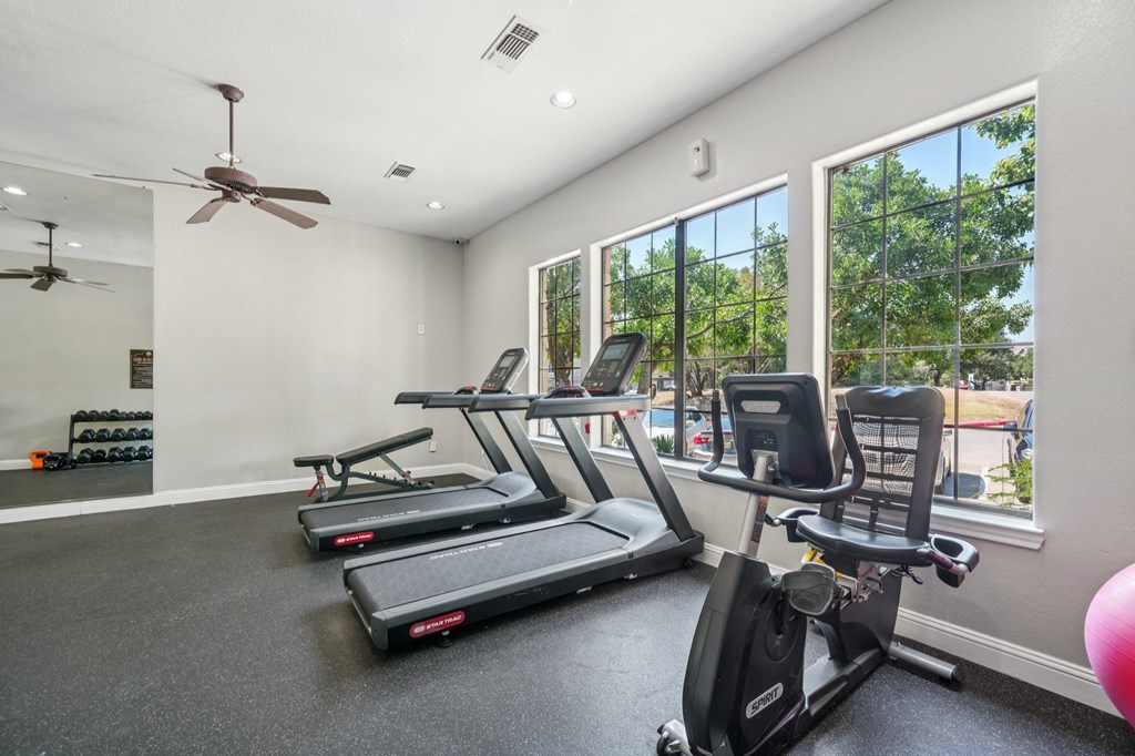 A gym with treadmills and elliptical machines.