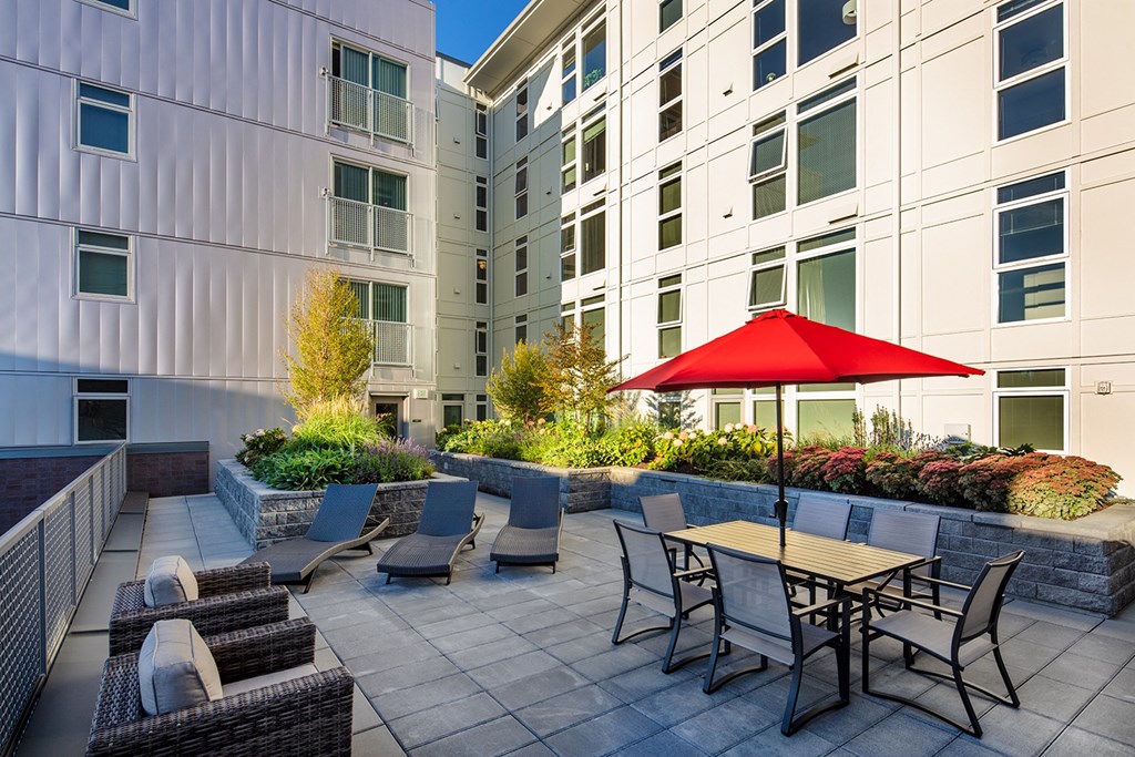 courtyard deck with tables and seating