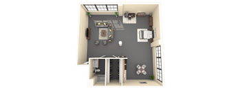 A 3D floor plan of a small apartment with a living room, kitchen, and bedroom.
