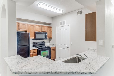 One-Bedroom Apartments in San Antonio, TX - Club at Stone Oak - Kitchen with Granite Countertops, Wood-Style Cabinets, and Black Appliances