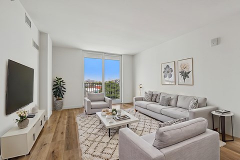 A living room with a grey couch, a coffee table, and a flat screen TV.