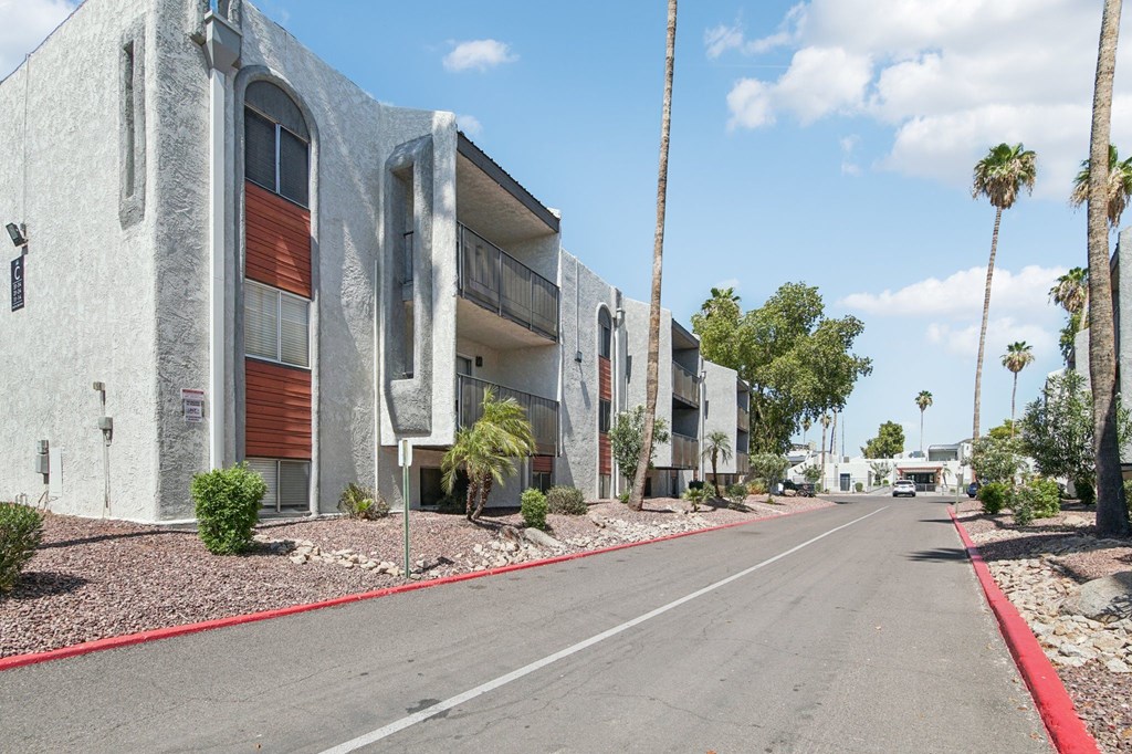 A street view of a row of modern buildings with palm trees on the side.