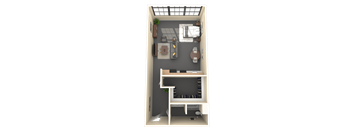 A small apartment with a kitchen, living room, and a bedroom.