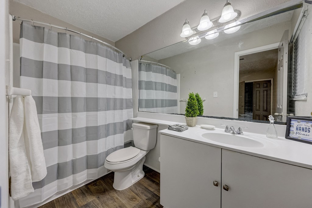 Apartments In Sandy Springs, GA for Rent – Celebration at Sandy Springs - a bathroom with a striped shower curtain and a toilet and sink