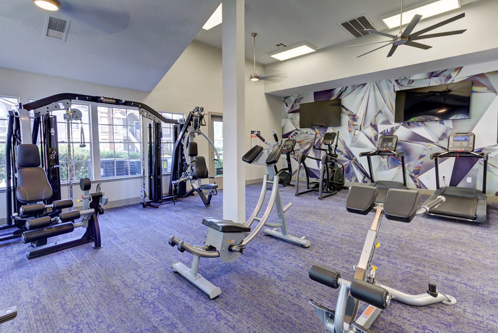 spacious gym with cardio equipment and windows at the district flats apartments