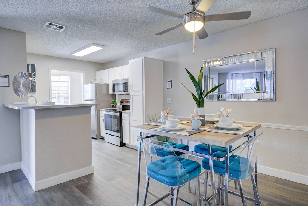 an open kitchen and dining area with a dining table and chairs and a kitchen counter