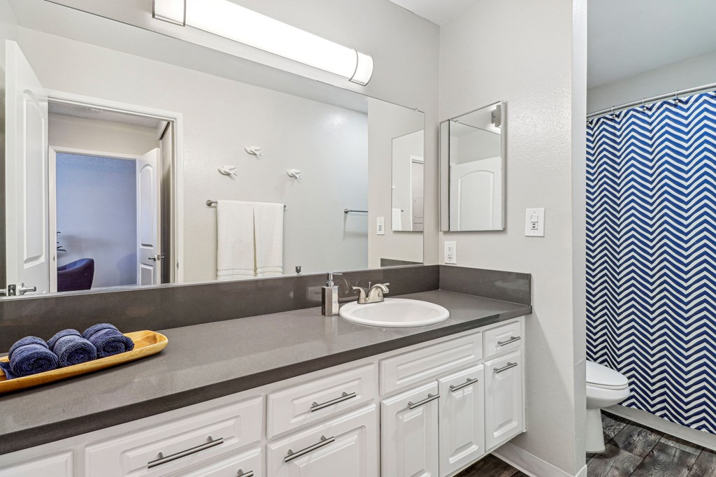 A bathroom with a sink, mirror, and a shower curtain.