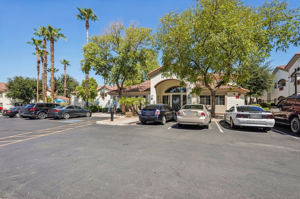 A parking lot with cars and palm trees.