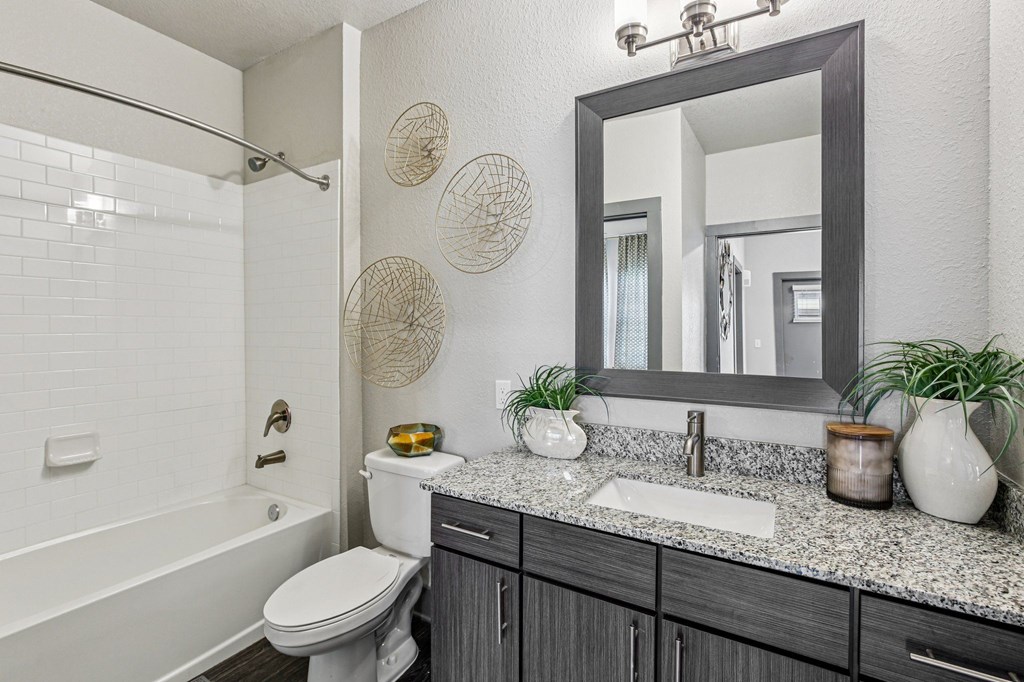Bathroom vanity featuring a spacious sink, large mirror, and contemporary lighting at Lotus at Starkey Ranch in Odessa, Florida.