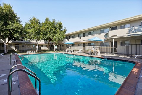 A swimming pool in front of a building with trees and sun loungers.