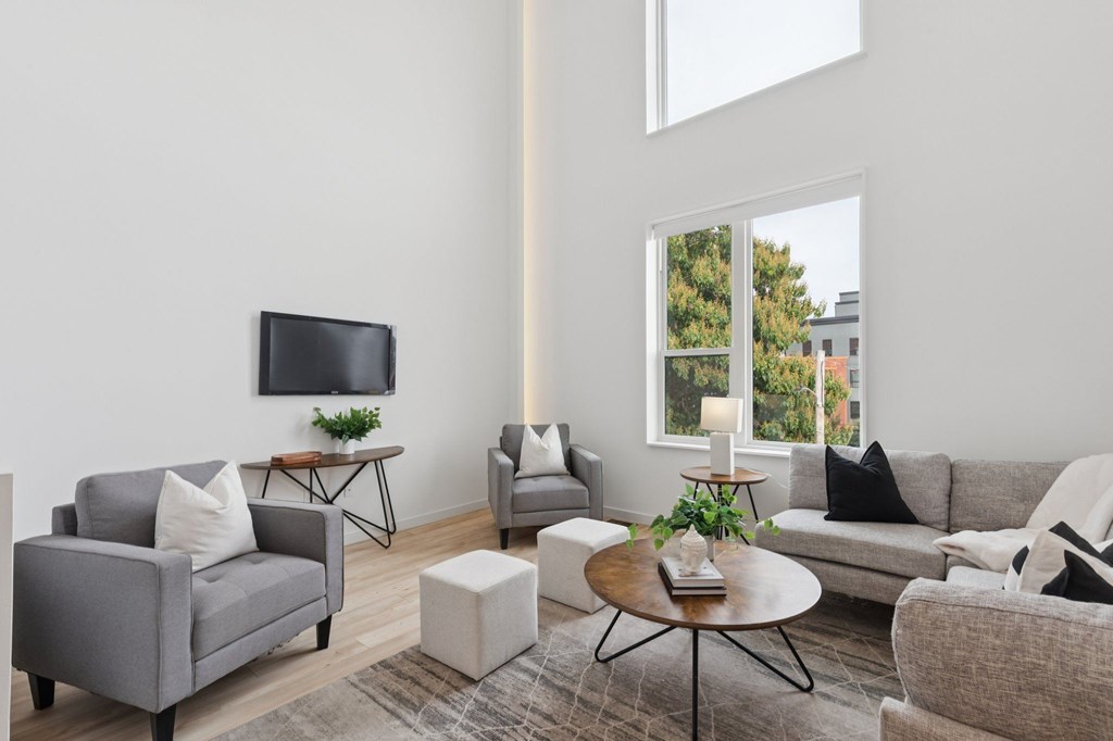 A living room with a grey couch, a white sofa, a coffee table, and a television.