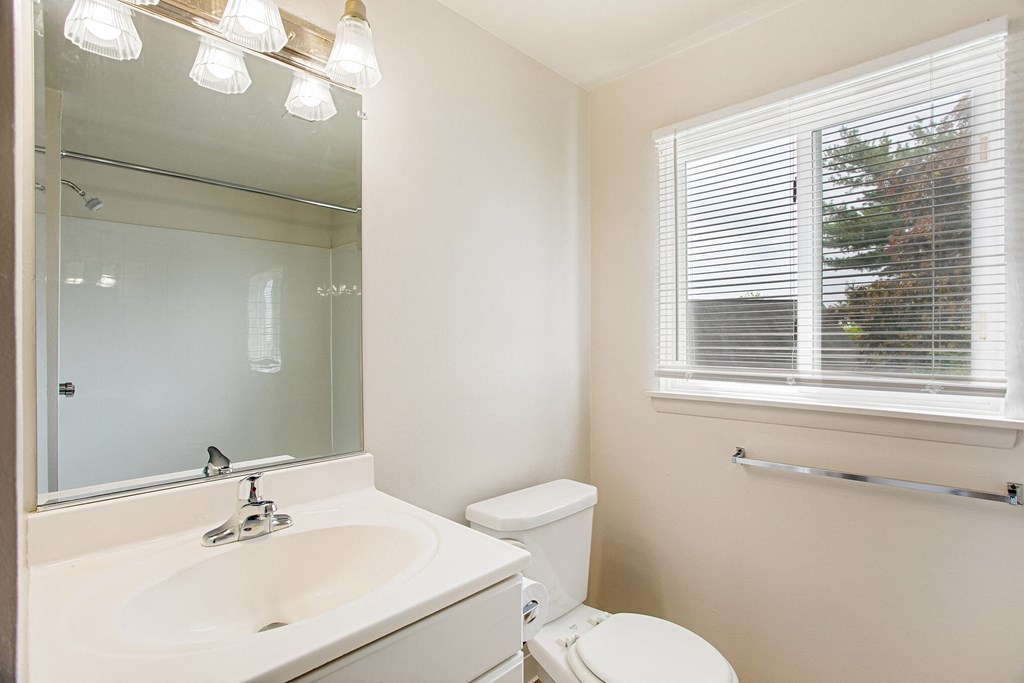 renovated bathroom with white vanity and window