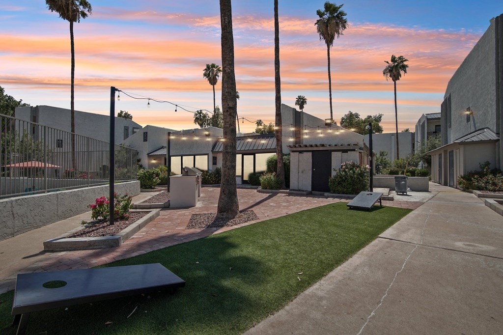 North Mountain Village Apartments - Ardella on 28th - Outdoor Courtyard with Grass Patch and Cornhole Boards, Overhead String Lights, and Palm Trees.