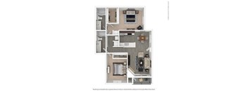 A floor plan of a small apartment with a kitchen, living room, and two bedrooms.
