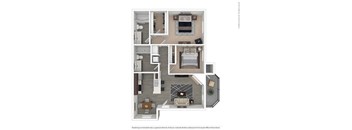 A floor plan of a house with a kitchen, living room, and two bedrooms.