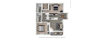 A floor plan of a house with a kitchen, living room, dining room, and two bedrooms.