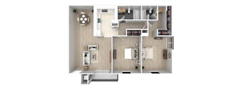 a bedroom with a bathroom and a living room