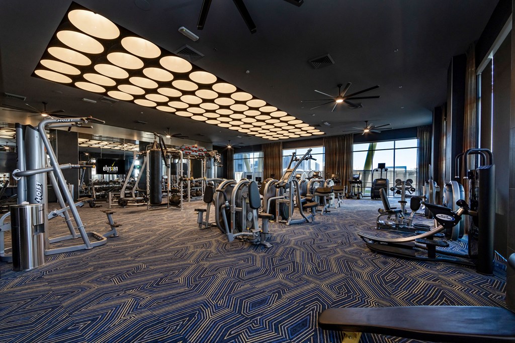 a gym with weights machines and other exercise equipment in a large room with large windows