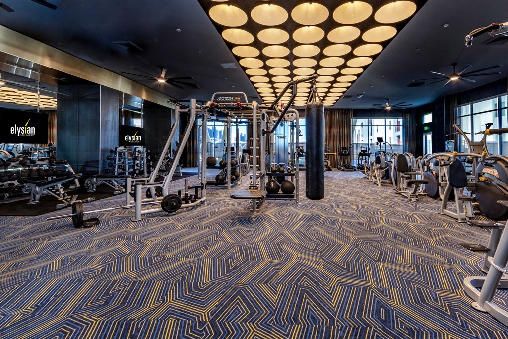 a gym with weights and exercise equipment in a large room with windows