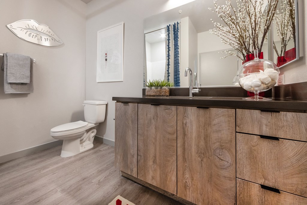 a bathroom with a wooden vanity and a toilet