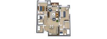 A floor plan of a house with a living room, dining room, kitchen, and two bedrooms.