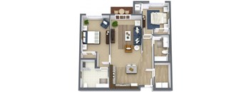 A floor plan of a house with a living room, kitchen, and two bedrooms.