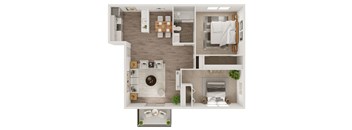 a floor plan of a one bedroom apartment with two bathrooms and a fireplace