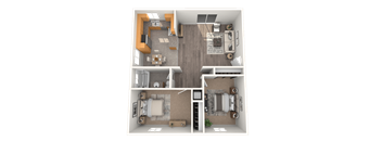 A top-down view of a two-bedroom apartment with a living room, kitchen, and bathrooms.