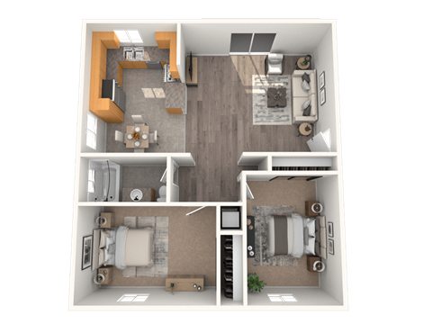 A top-down view of a two-bedroom apartment with a living room, kitchen, and bathrooms.