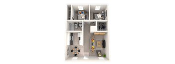 A 3D floor plan of a small apartment with a kitchen, living room, and bathroom.
