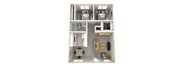 A 3D floor plan of a small apartment with a kitchen, living room, and bathroom.