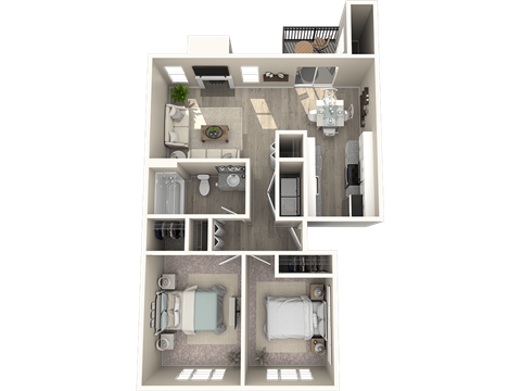 a 3d rendered floor plan of a two bedroom apartment