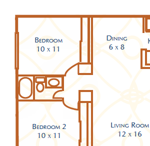 2 Bed 1 Bath, 764 square feet floor plan