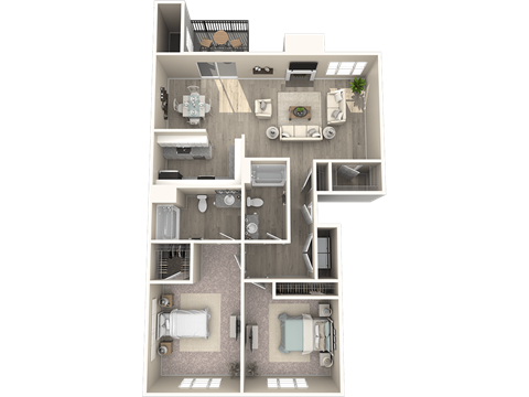 a 3d floor plan of a two bedroom apartment