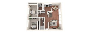 A 3D rendered image of a modern apartment layout.