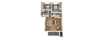 A 3D floor plan of a small apartment with a living room, kitchen, and bedroom.