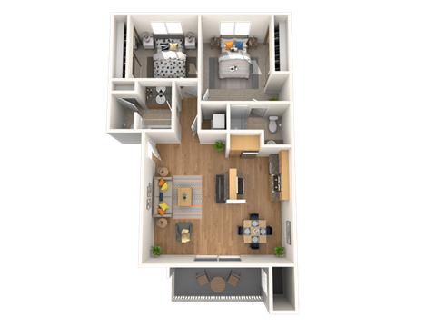 A 3D floor plan of a small apartment with a living room, kitchen, and bedroom.