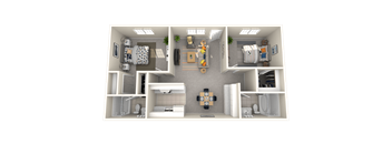 A 3D floor plan of a small apartment with two bedrooms, a living room, and a kitchen.
