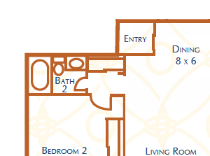 2 Bed 2 Bath, 900 square feet floor plan