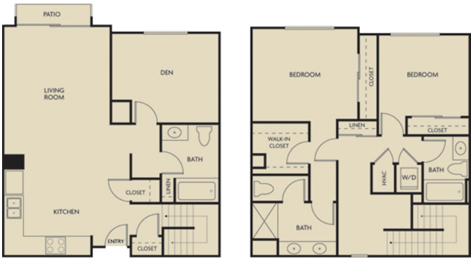 2 bed + Den 3 Bath 1597-1602 square feet floor plan Townhouse