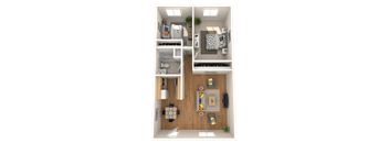 A top-down view of a small apartment with a kitchen, living room, and bedroom.